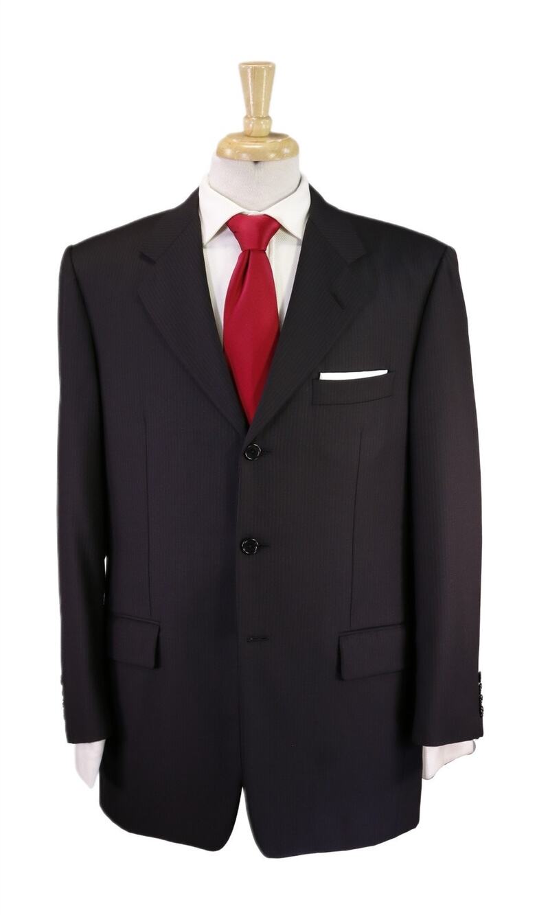 Hickey Freeman Black w/ Thin Brown Stripes 3-Btn Wool Suit 42R